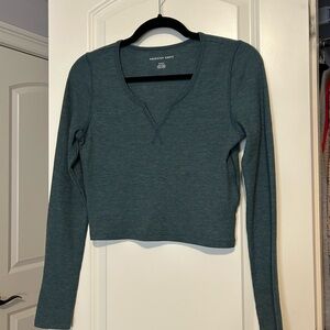 American Eagle Outfitters Women's Deep Teal Long Sleeve Tee